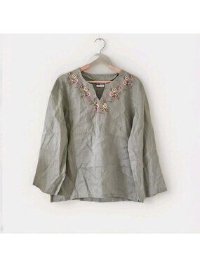 Kaktus Linen Top Women L Khaki Floral Sequined Embroidery Lagenllok Boho Coastal